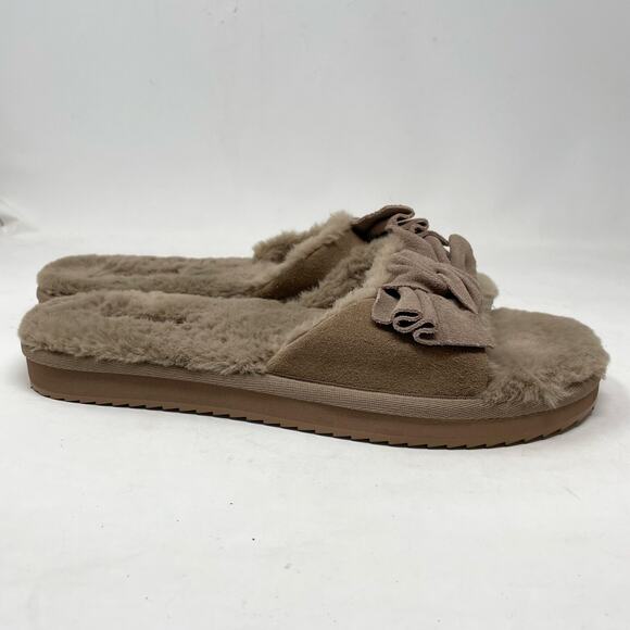 Koolaburra By UGG  Ishani Suede Bow Faux Fur Slippers Slides Amphora Taupe 10 - Picture 3 of 14
